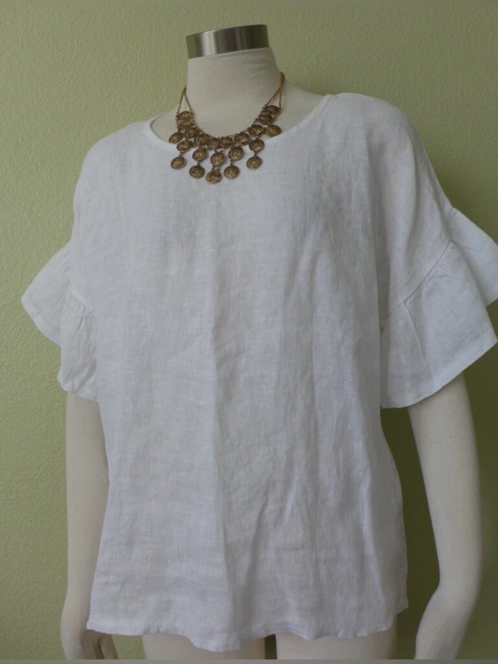 ELENA BALDI (Made in ITALY) Bell Sleeve White 100% Linen Top Blouse Size S